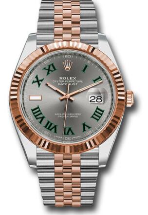 Replica Rolex Steel and Everose Rolesor Datejust 41 Watch 126331 Fluted Bezel Slate Gray Green Roman Dial Jubilee Bracelet